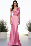 Pink Satin V-Neck Sheath Maxi Prom Dress