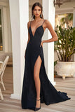 Black V-Neck Polka Dots Maxi Prom Dress with Slit