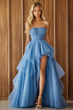 Blue Strapless Tulle High-Low Ball Gown Prom Dress with Ruffles
