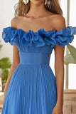 Blue Tulle Maxi A Line Prom Dress with Ruffles