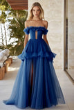 Dark Blue Tulle Tiered Maxi Ball Gown Prom Dress with Ruffles