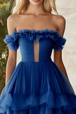 Dark Blue Tulle Tiered Maxi Ball Gown Prom Dress with Ruffles