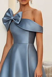 Dusty Blue Satin A Line Short Graduation Dress with Bow