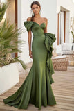 Olive Satin One Shoulder Mermaid Maxi Prom Dress with Ruffles