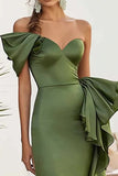 Olive Satin One Shoulder Mermaid Maxi Prom Dress with Ruffles