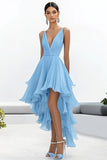 Sky Blue High-Low A Line Pageant Dress with Ruffles