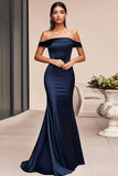 Navy Off the Shoulder Satin Maxi Mermaid Prom Dress