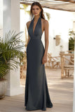 Dark Grey Ruched Halter Sheath Maxi Prom Dress