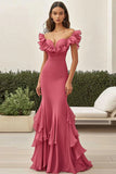 Coral Mermaid Maxi Prom Dress with Ruffles