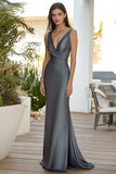 Dark Grey Ruched V-Neck Maxi Sheath Prom Dress