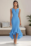 Blue Chiffon High-Low Mermaid Formal Dress with Ruffles