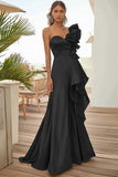 Black One Shoulder A Line Maxi Prom Dress with Ruffles