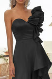 Black One Shoulder A Line Maxi Prom Dress with Ruffles