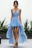 Sky Blue Ruched High-Low A Line Pageant Dress with Ruffles