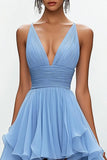 Sky Blue Ruched High-Low A Line Pageant Dress with Ruffles