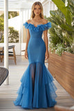 Blue Tulle Mermaid Maxi Prom Dress with Ruffles