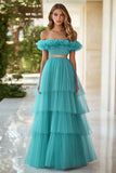 Lake Blue Two Piece Maxi Ball Gown Prom Dress with Ruffles