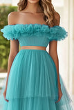 Lake Blue Two Piece Maxi Ball Gown Prom Dress with Ruffles