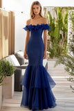 Navy Tulle Tiered Maxi Prom Dress with Ruffles