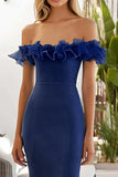 Navy Tulle Tiered Maxi Prom Dress with Ruffles