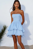 Sky Blue Tiered Ruched Mini Graduation Dress with Ruffles
