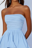 Sky Blue Tiered Ruched Mini Graduation Dress with Ruffles