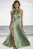 Dusty Sage High Neck Maxi Formal Dress with Slit