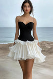 Black and White Tiered Mini Graduation Dress with Ruffles