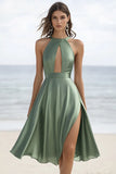 Dusty Sage High Neck Midi Graduation Dress with Slit