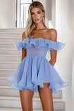 Blue Organza Off the Shoulder Mini Graduation Dress with Ruffles