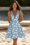 Blue White V-Neck A Line Flower Short Graduation Dress