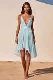 Sky Blue Chiffon V-Neck High-Low Graduation Dress with Pleats