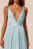 Sky Blue Chiffon V-Neck High-Low Graduation Dress with Pleats