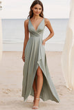 Dusty Sage Ruched V-Neck Boho Maxi Dress with Slit