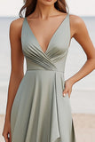 Dusty Sage Ruched V-Neck Boho Maxi Dress with Slit