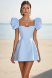 Sky Blue Puff Sleeves A Line Mini Graduation Dress