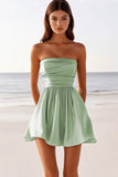 Sage Green Satin Ruched Strapless Mini Graduation Dress