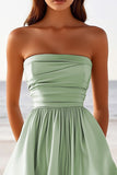 Sage Green Satin Ruched Strapless Mini Graduation Dress