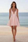 Pink Satin A Line V-Neck Mini Graduation Dress