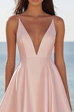 Pink Satin A Line V-Neck Mini Graduation Dress