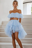 Sky Blue Two Pieces Tiered High-Low Graduation Dress with Ruffles
