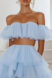 Sky Blue Two Pieces Tiered High-Low Graduation Dress with Ruffles