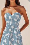 Blue White Floral Asymmetrical Summer Dress with Drape