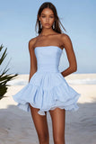 Sky Blue Ruched Mini Graduation Dress with Ruffles