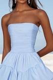 Sky Blue Ruched Mini Graduation Dress with Ruffles