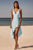 Sky Blue Chiffon Ruched V-Neck High-Low Graduation Dress