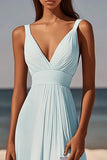 Sky Blue Chiffon Ruched V-Neck High-Low Graduation Dress
