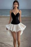 Black and White High-Low Graduation Dress with Ruffles