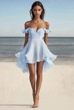 Sky Blue A Line Ruched Mini Graduation Dress with Ruffles