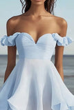 Sky Blue A Line Ruched Mini Graduation Dress with Ruffles
